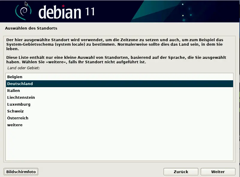 Bild: Liste mit Ländern, die zur aktuellen Sprache passen.