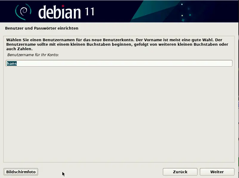 Bild: Eingabezeile für den Login Namen des Benutzers.