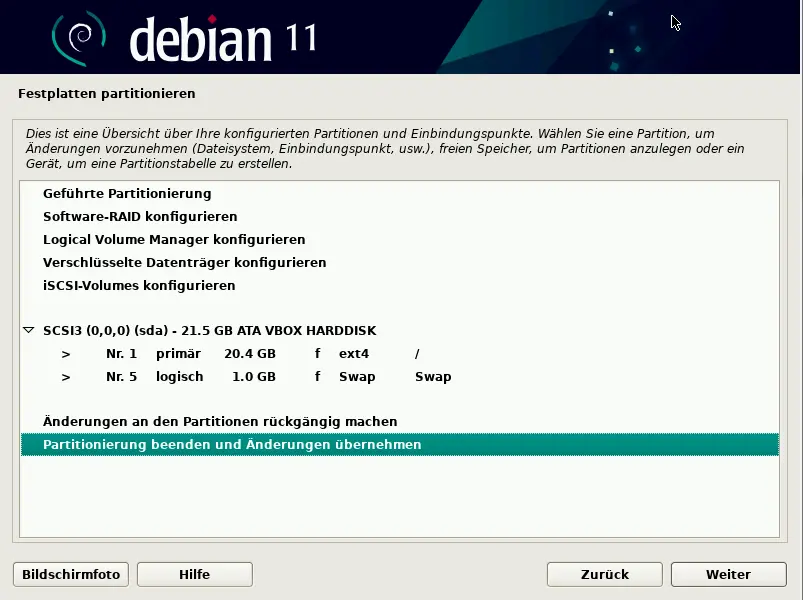 Bild: Anzeig der Partitionen und Abfrage zum Festschreiben.