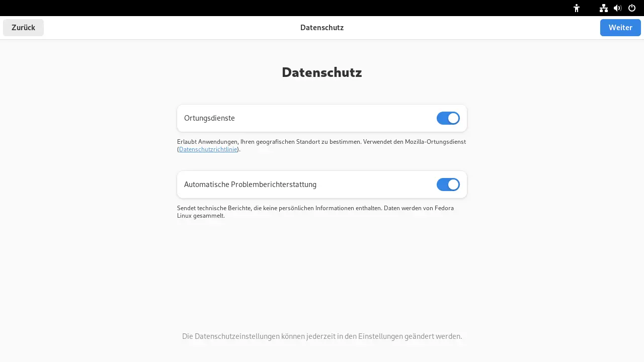 Bild: Schalter für Ortungsdienste und Problemberichte.