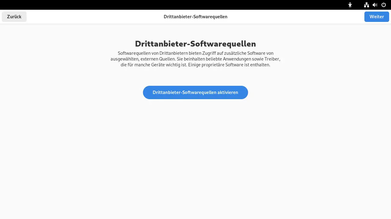 Bild: In der Mitte Schalter für unfreie Software an/aus.