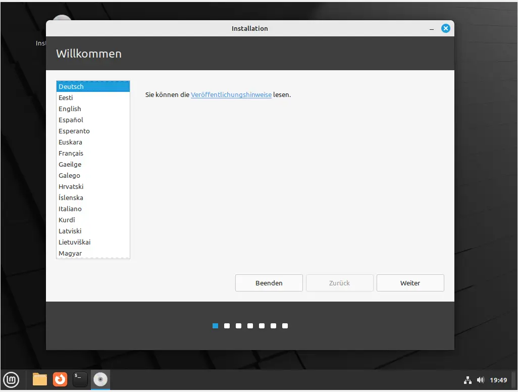 Bild: Sprache auswählen. Zusätzliche Abfrage ob ausprobieren oder installieren