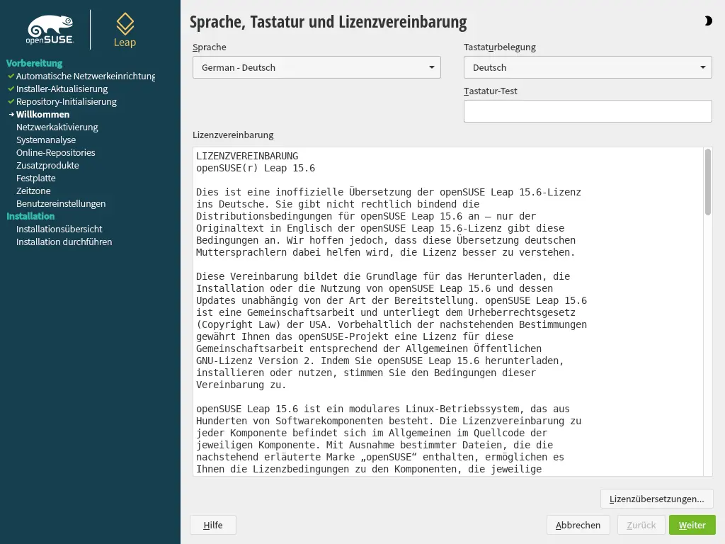 Bild: Lizenzanzeige. Sprache und Tastatus Auswahl.