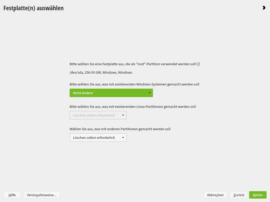 Bild: Geführtes Setup Fragen zu existiereden Partitionen.