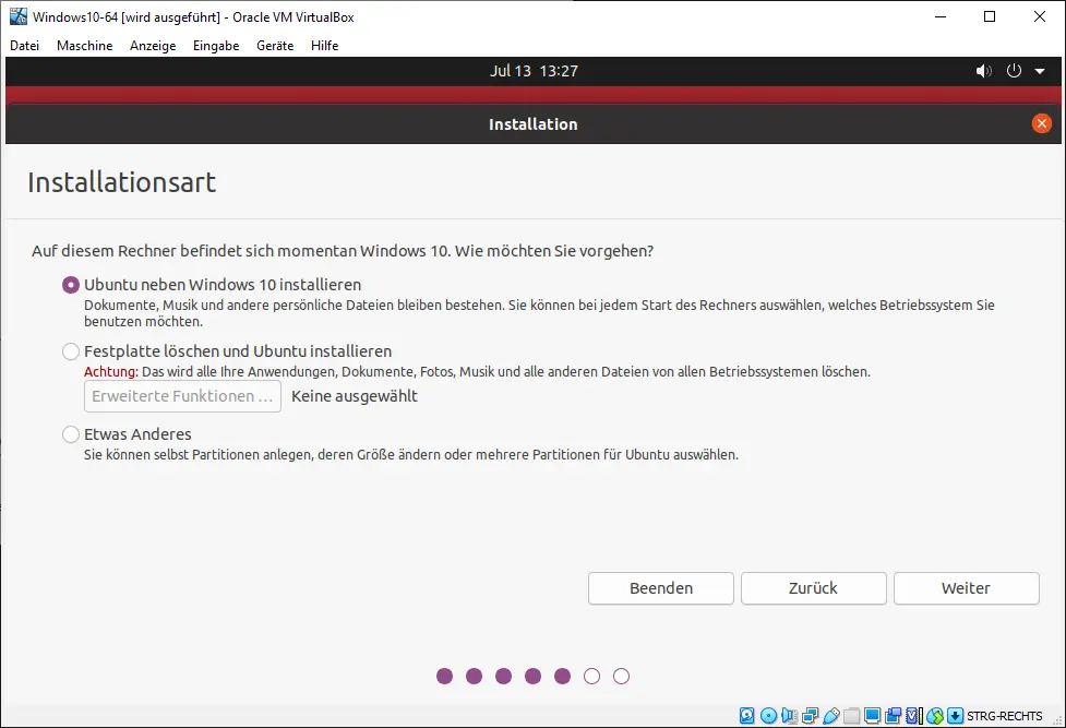 Bild: Art der Installation bestimmen: Mit Windows, ganze Festplatte, etwas anders.