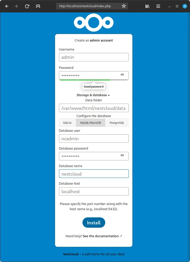 Bild: Eingaben für User und DB. Start der Nextcloud Installation.