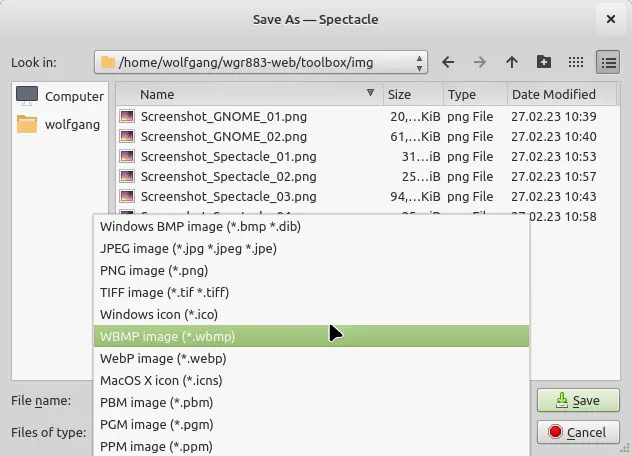 Bild: KDE Spectacle Speicherformate.