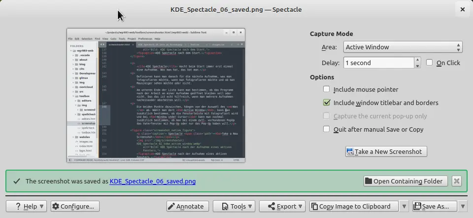 Bild: KDE Spectacle mit Meldung Bild gespeichert.