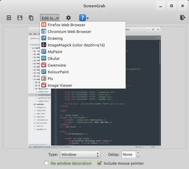 Bild: LXQt Screengrab mit aufgeklappter Programmliste für exportieren.