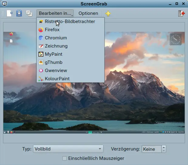 Bild: LXQt Screengrab mit aufgeklappter Programmliste für exportieren.