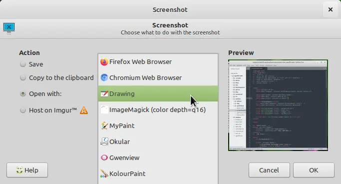 Bild: Xfce Screenshooter mit Auswahlliste von Anwendungen zur weiteren Bearbeitung.