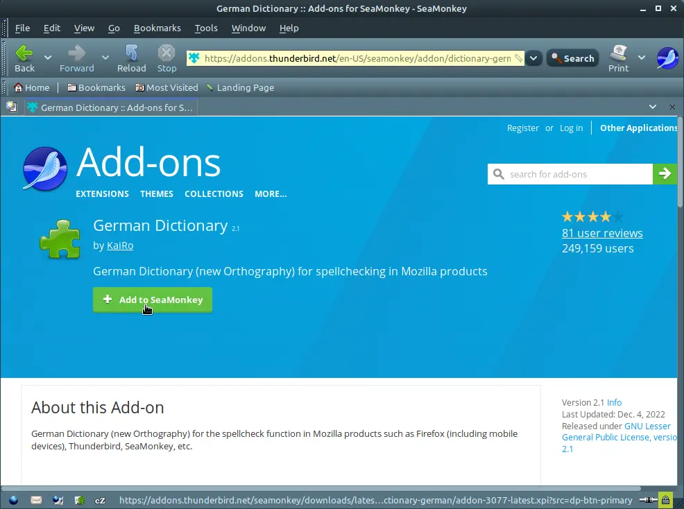 Screenshot SeaMonkey: KaiRo Wörterbuch herunterladen
