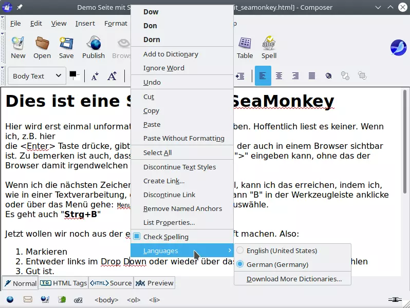 Screenshot SeaMonkey: Arbeiten mit der
				 Rechtschreibprüfung