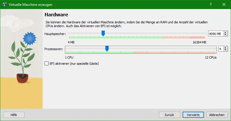 Bild: Schieberegler für Hauptspeicher und Prozessoren.