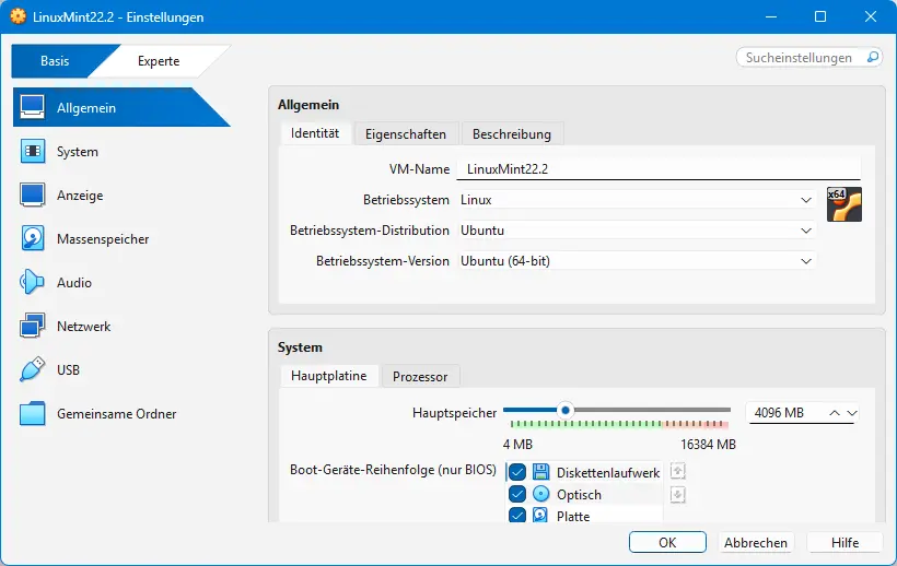 Bild: Ändern Dialog für eine VM (Basis).