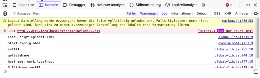 Bild: Konsole zeigt Fehler, Warnungen und Log Einträge.